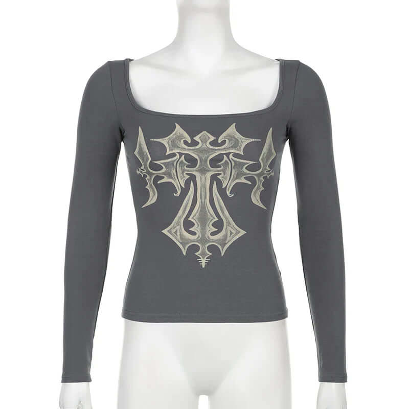 Selene - Off-the-shoulder long sleeve top with grunge cross-DESTINY