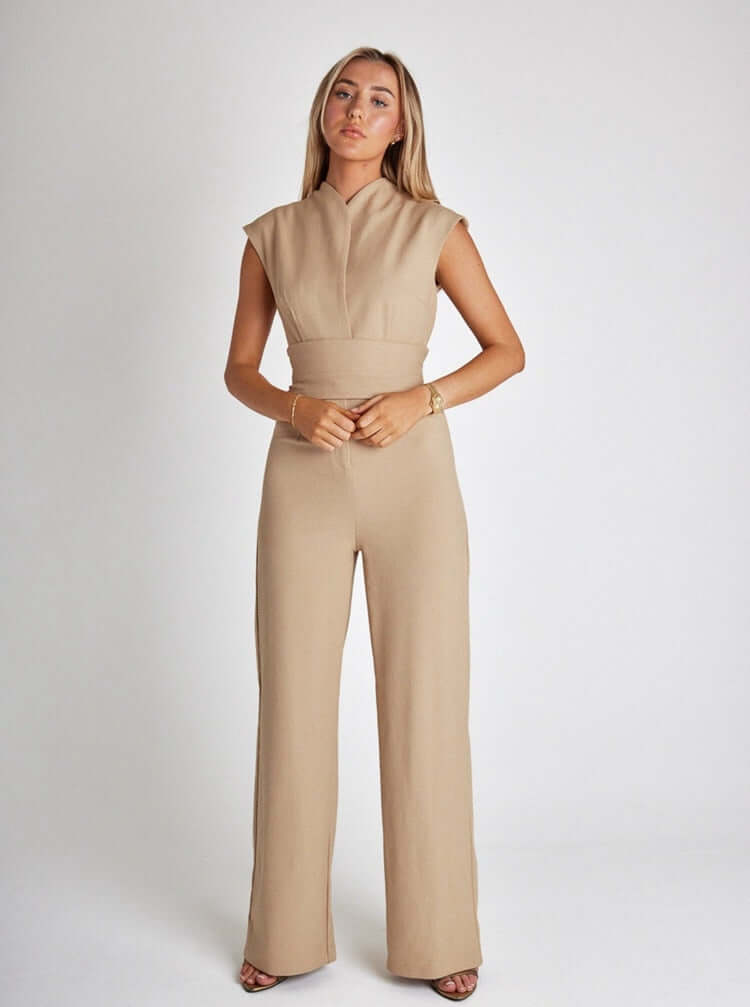Chic jumpsuit - V-neck, tight belt, wide bodycon leg-DESTINY