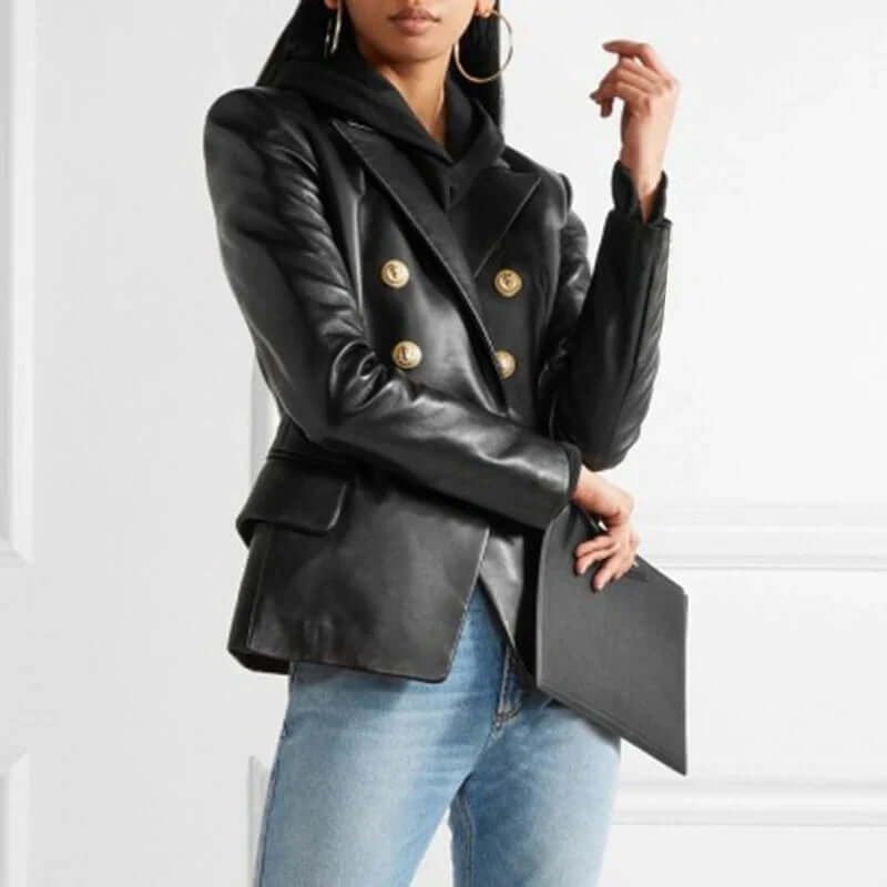 Tailored leather blazer with double button placket-DESTINY