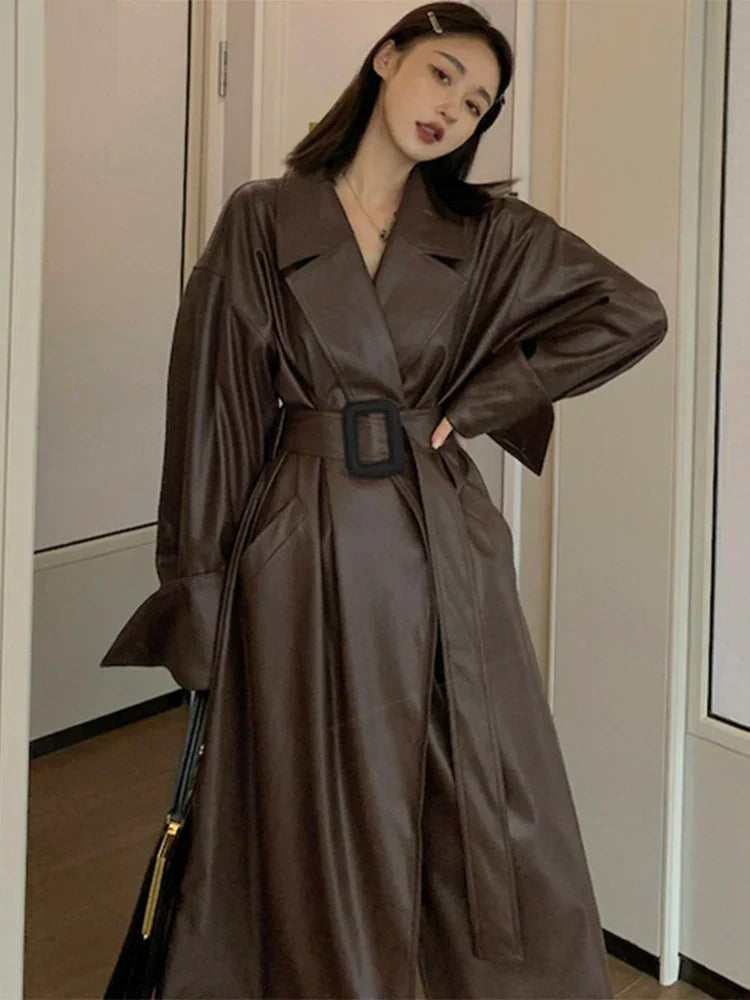 Oversized leather-like-like trench coat - Casual wear for everyday comfort-DESTINY