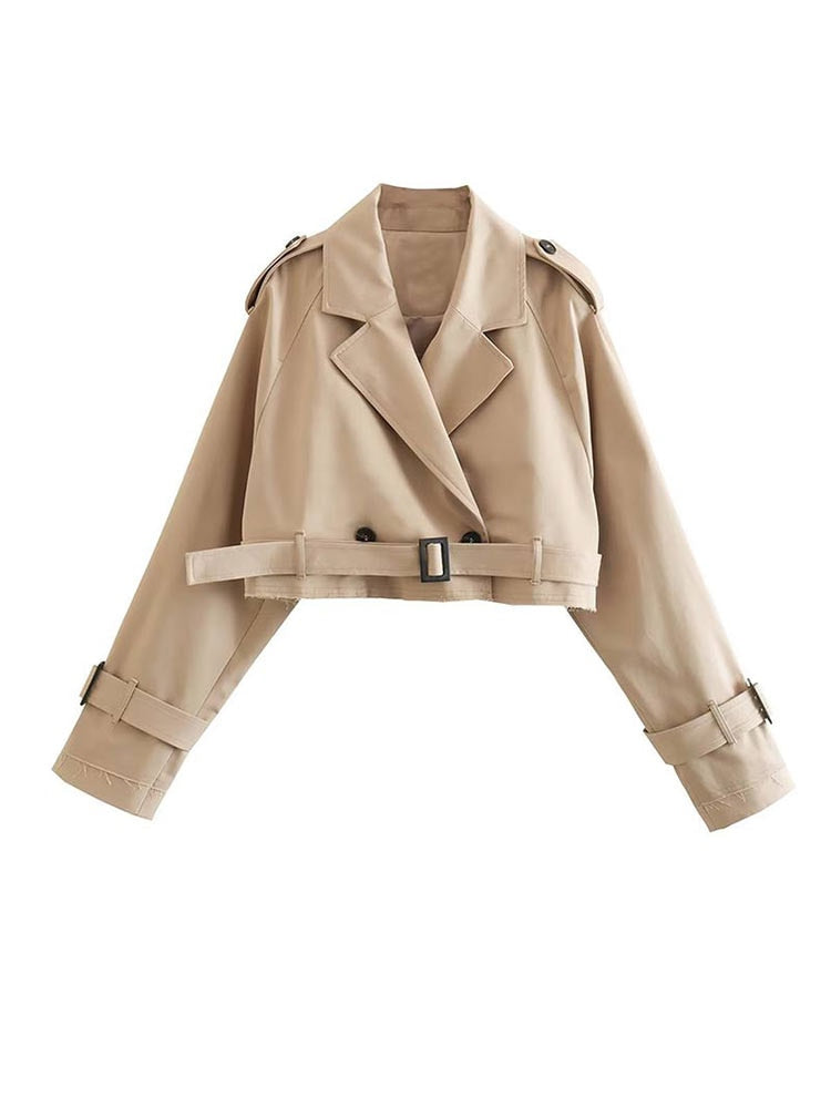 Classic khaki short coat - women's long-sleeved cropped jacket with a chic design-DESTINY