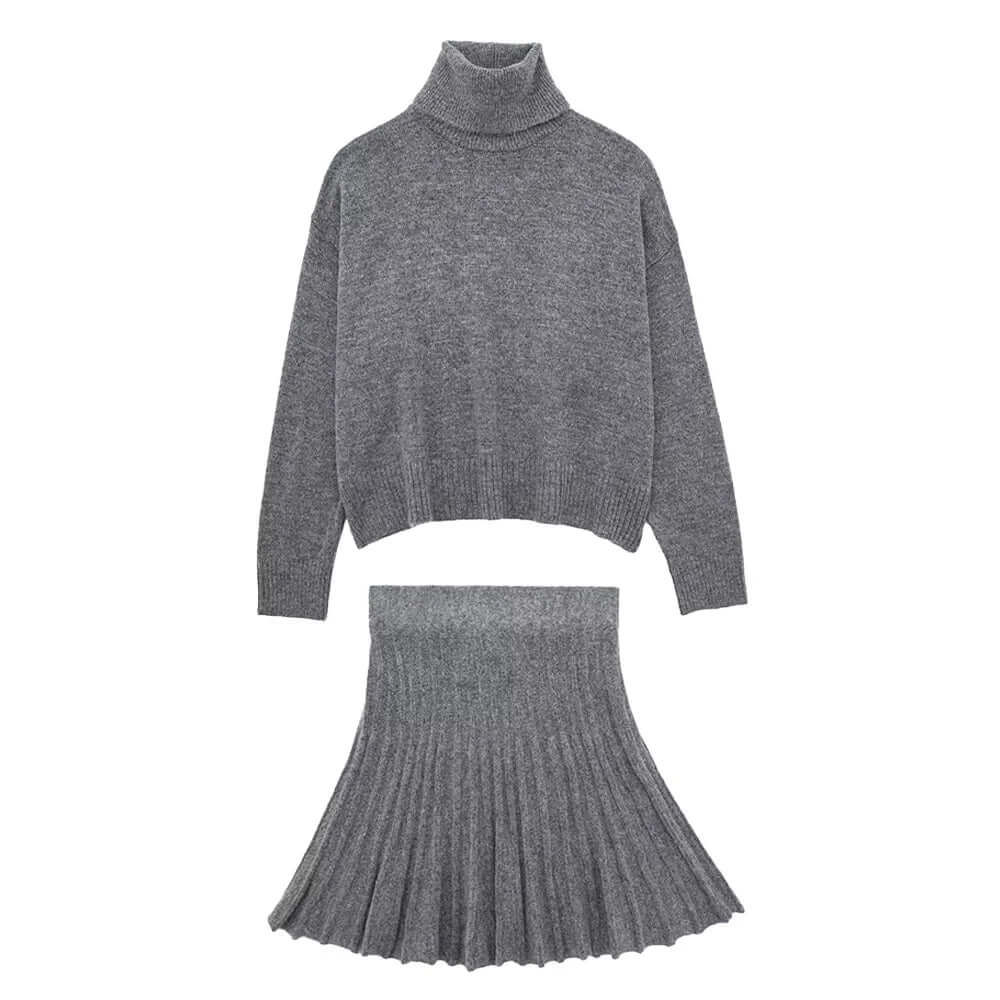 Sophia - Ribbed turtleneck jumper with crop cut and pleated skirt set-DESTINY