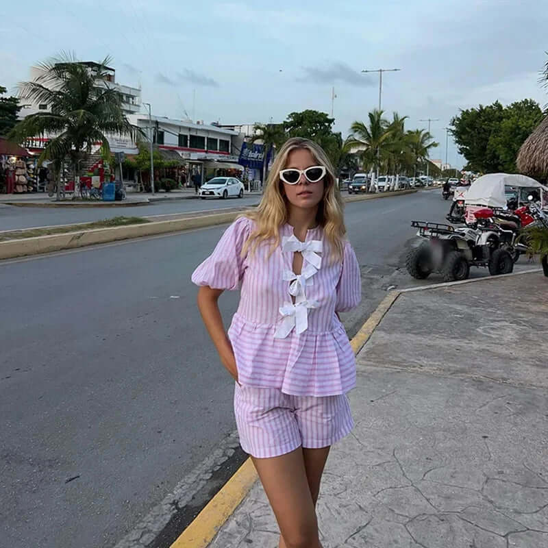 Comfortable short set with front binding-DESTINY