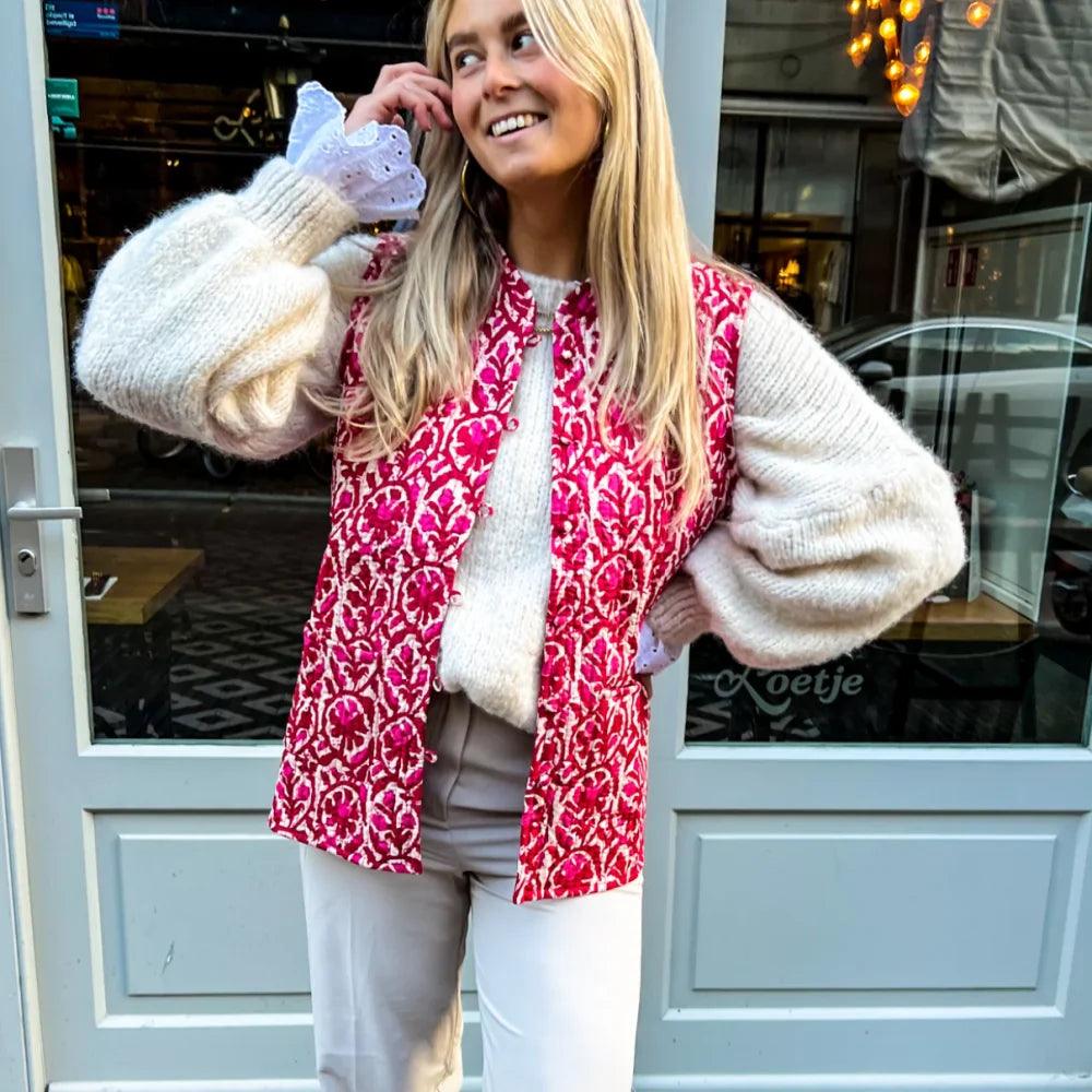 Cheerful sleeveless cardigan with floral pattern-DESTINY