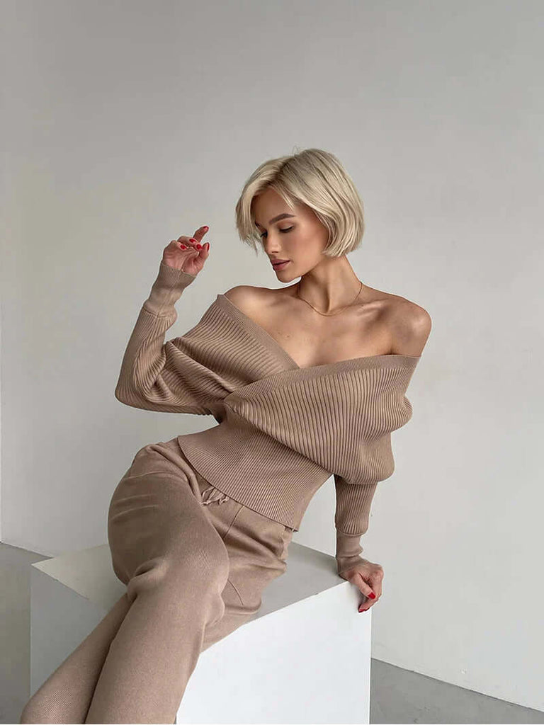 Off Shoulder Knitted Two-Piece Set-DESTINY