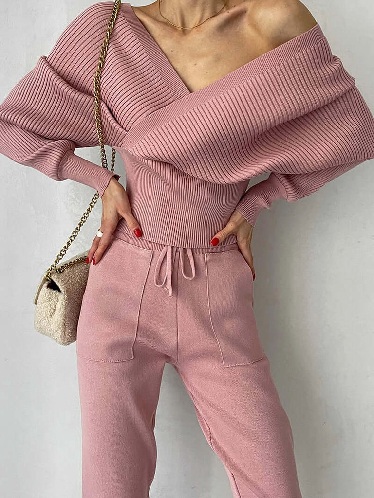 Off Shoulder Knitted Two-Piece Set-DESTINY