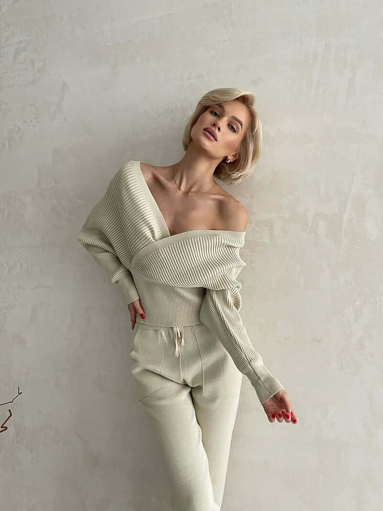 Off Shoulder Knitted Two-Piece Set-DESTINY