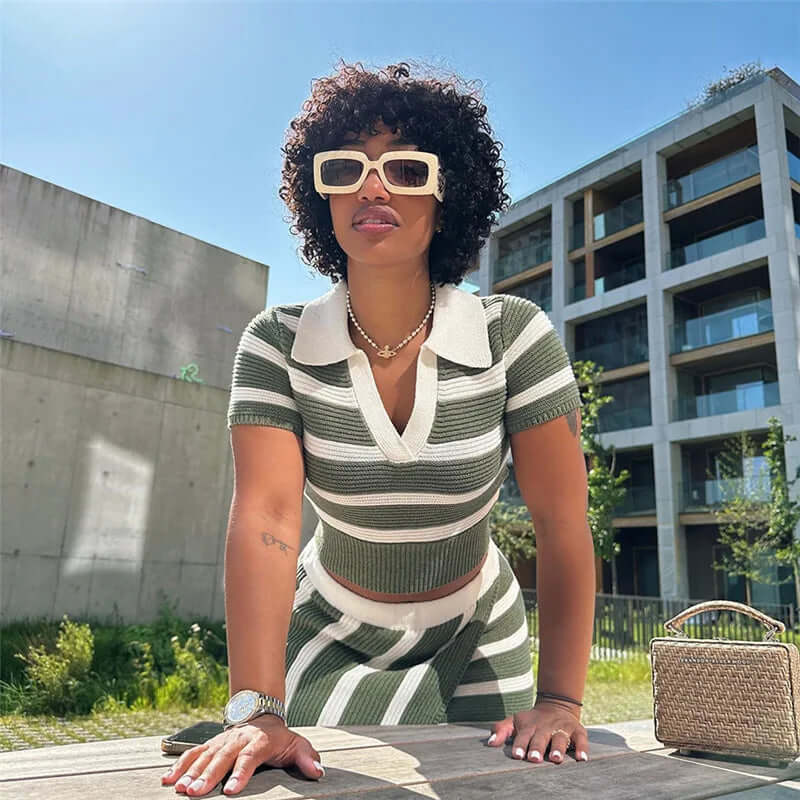 Striped knitted top and skirt set-DESTINY