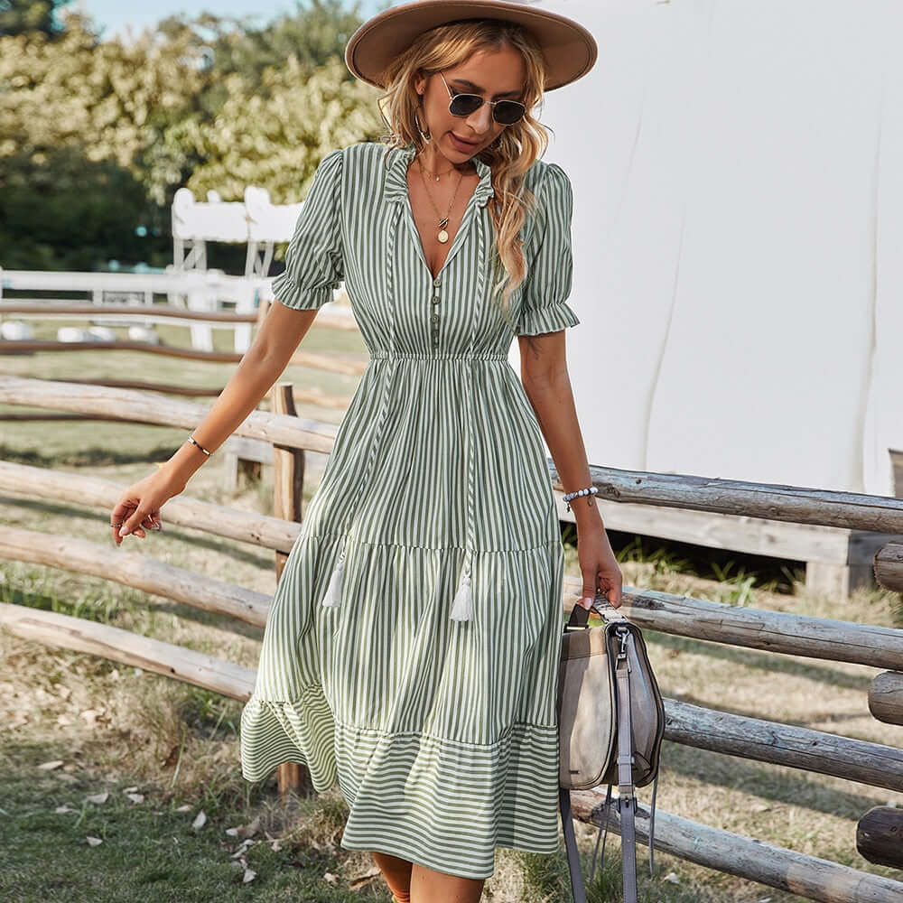 Vera dress - striped, V-neck, flounce sleeves-DESTINY
