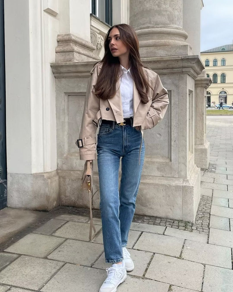 Classic khaki short coat - women's long-sleeved cropped jacket with a chic design-DESTINY