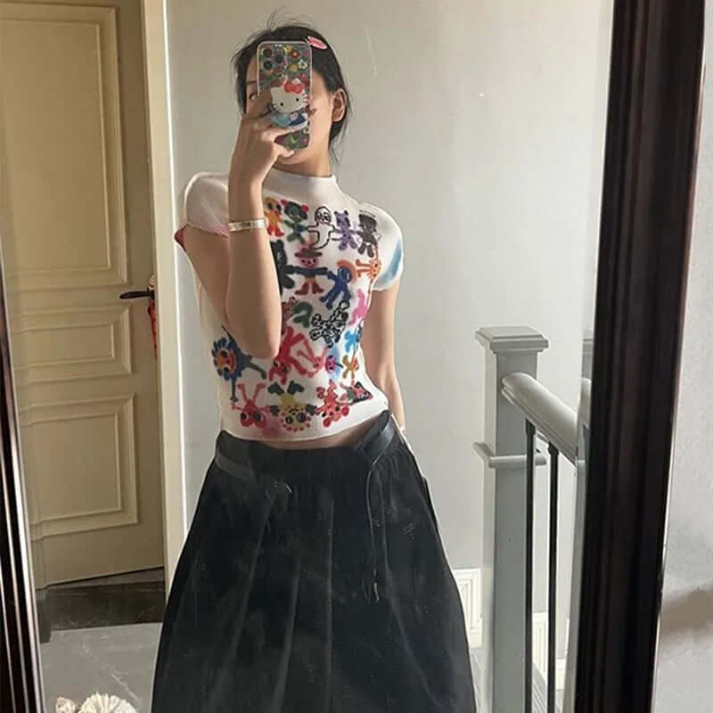 Freya - Vintage-inspired patterned knitted top with high neckline-DESTINY