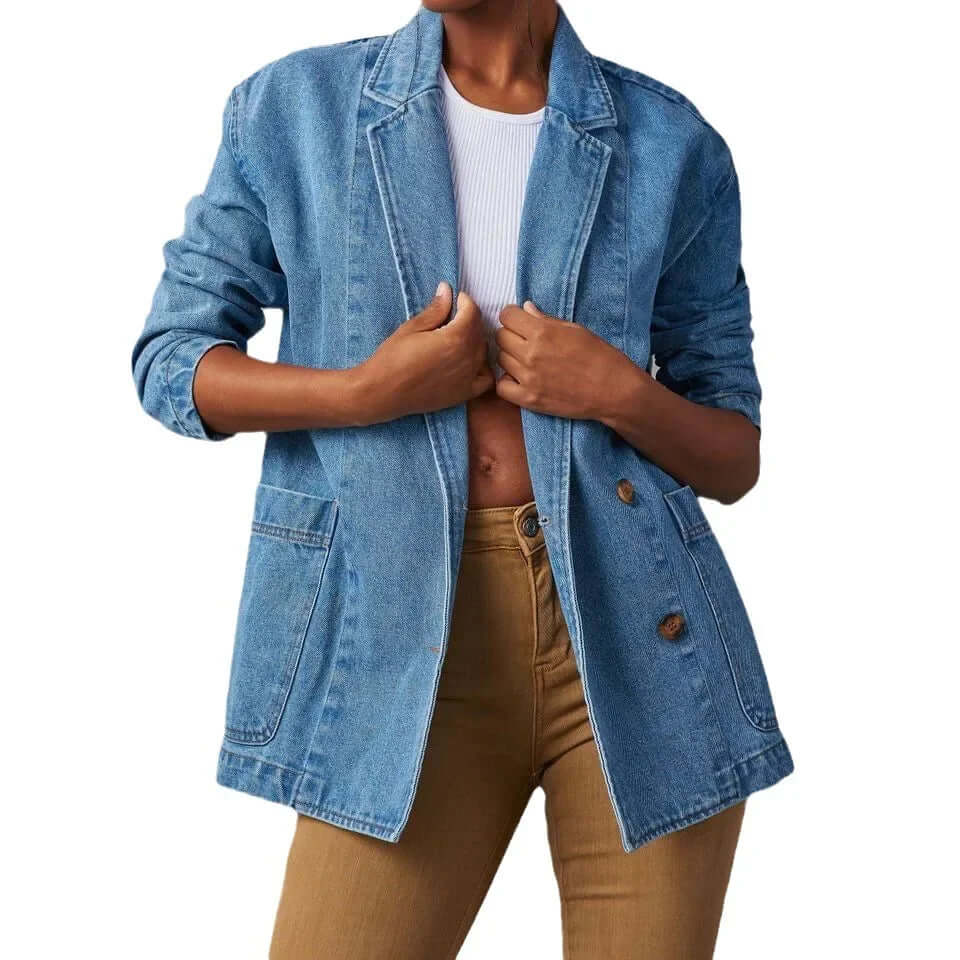 Denim blazer with button pockets and loose fit-DESTINY