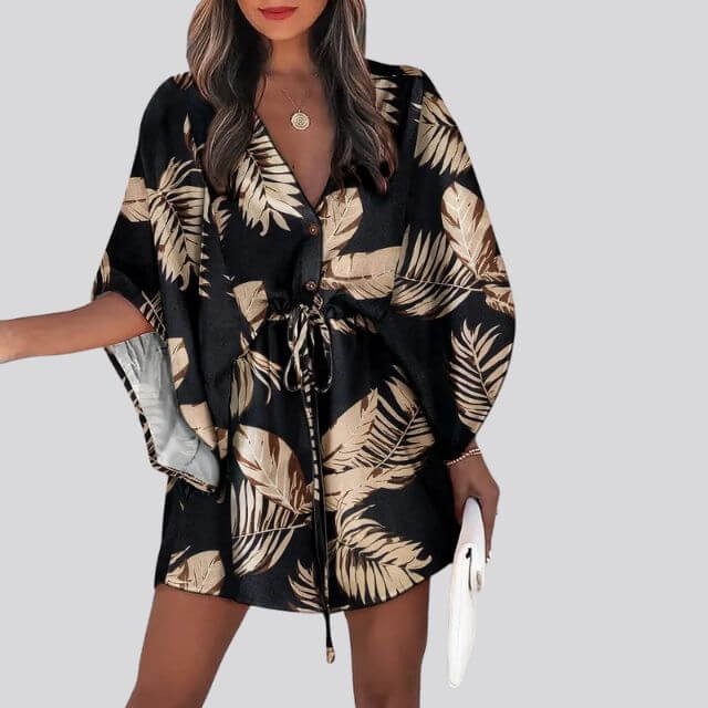 Giselle Boho Shirt Dress With V-Neck and Floral Print-DESTINY