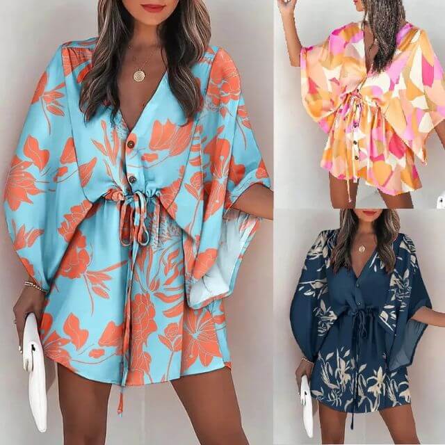 Giselle Boho Shirt Dress With V-Neck and Floral Print-DESTINY