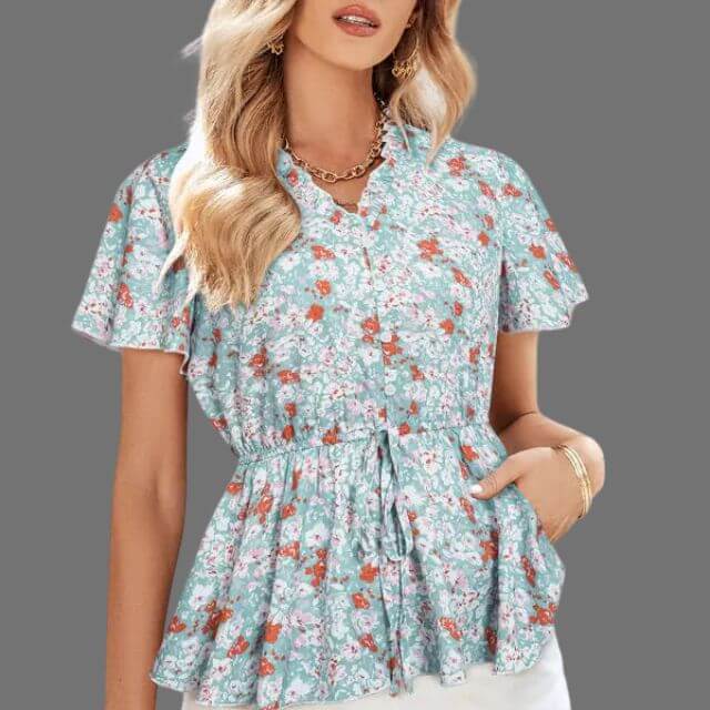 Eleanor - Floral peplum blouse with V-neckline-DESTINY