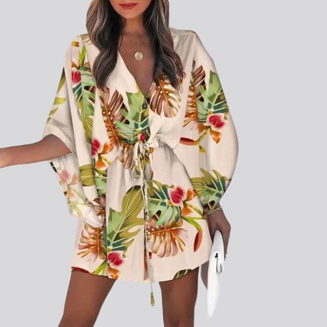 Giselle Boho Shirt Dress With V-Neck and Floral Print-DESTINY