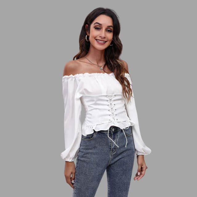 Ashley - Off-the-shoulder blouse with lace-up front-DESTINY