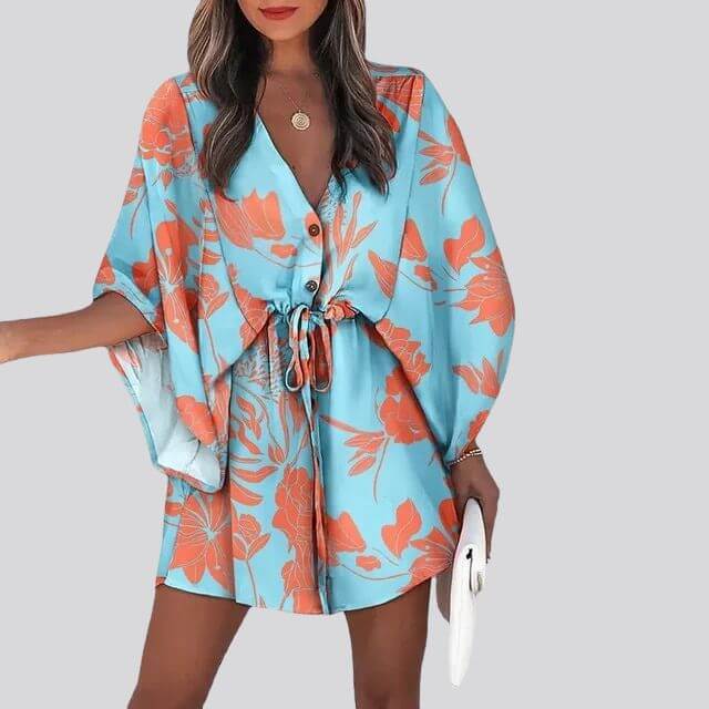 Giselle Boho Shirt Dress With V-Neck and Floral Print-DESTINY