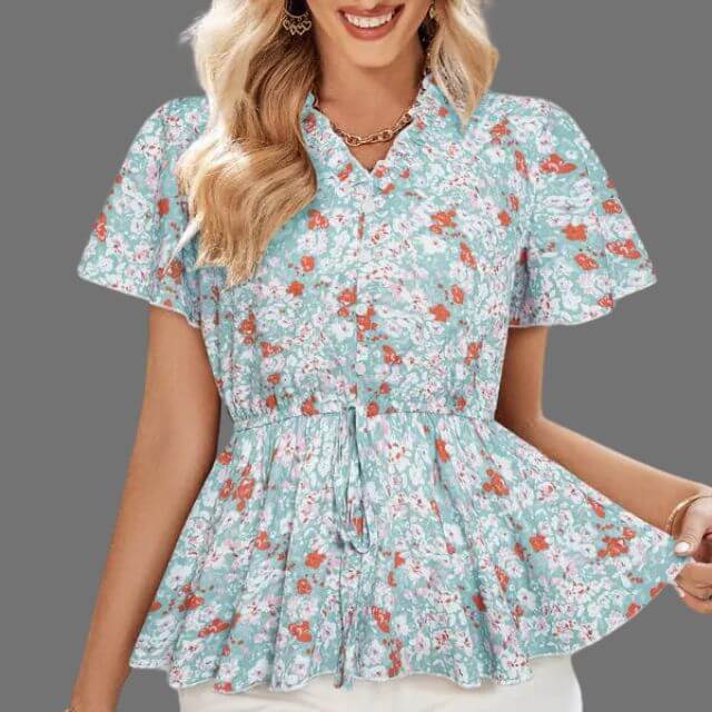 Eleanor - Floral peplum blouse with V-neckline-DESTINY