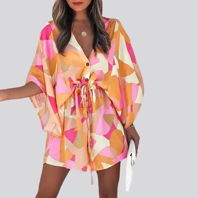 Giselle Boho Shirt Dress With V-Neck and Floral Print-DESTINY