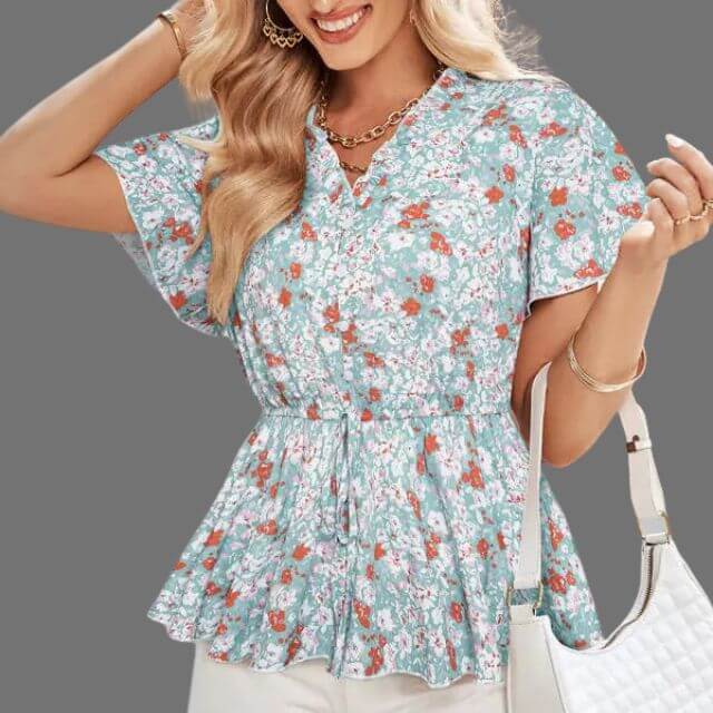 Eleanor - Floral peplum blouse with V-neckline-DESTINY
