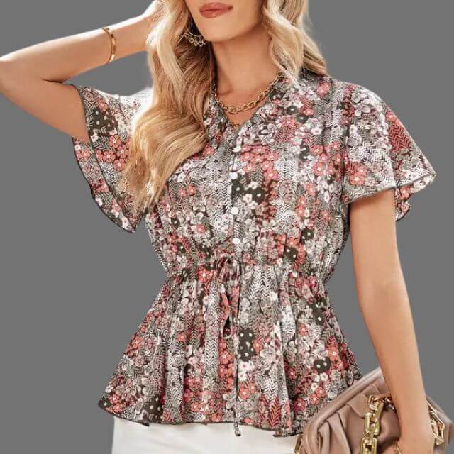 Eleanor - Floral peplum blouse with V-neckline-DESTINY