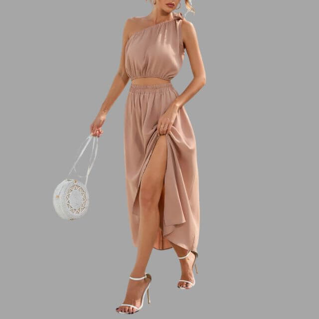 Divina - One-shoulder satin outfit set with cinched waist-DESTINY