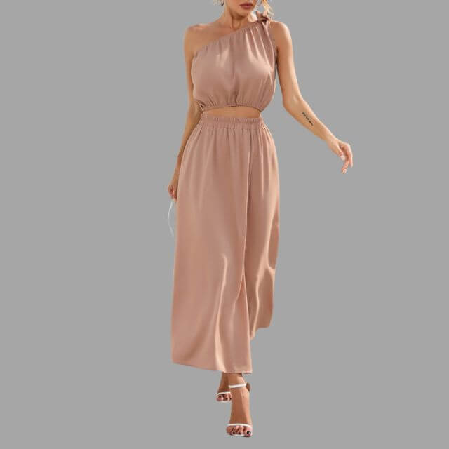 Divina - One-shoulder satin outfit set with cinched waist-DESTINY