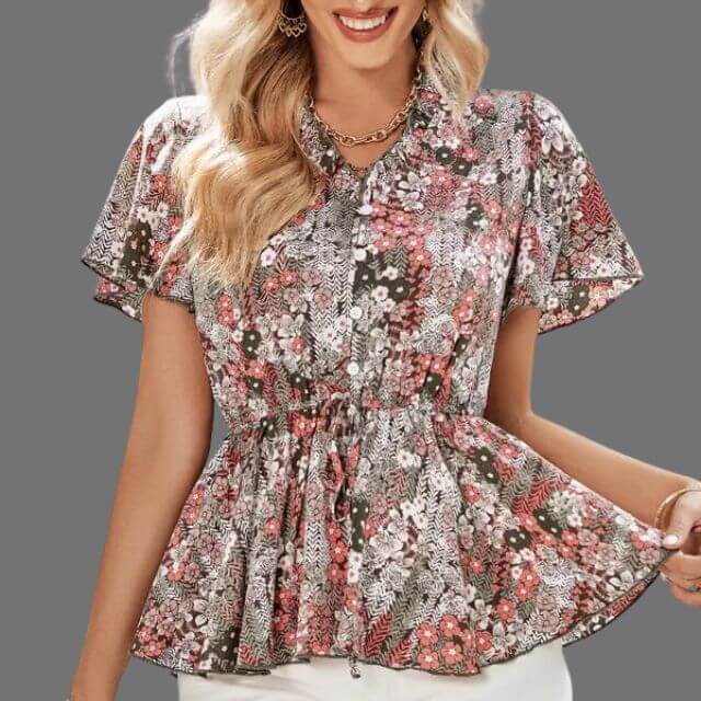 Eleanor - Floral peplum blouse with V-neckline-DESTINY