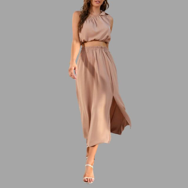 Divina - One-shoulder satin outfit set with cinched waist-DESTINY