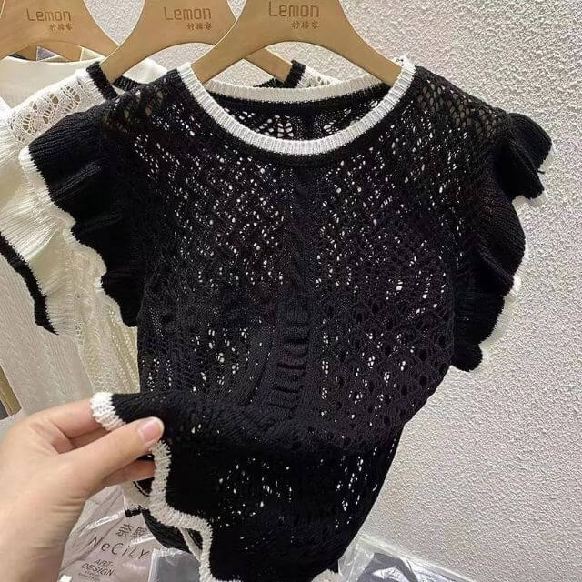 Layla - Crocheted knitted top with contrasting trim-DESTINY