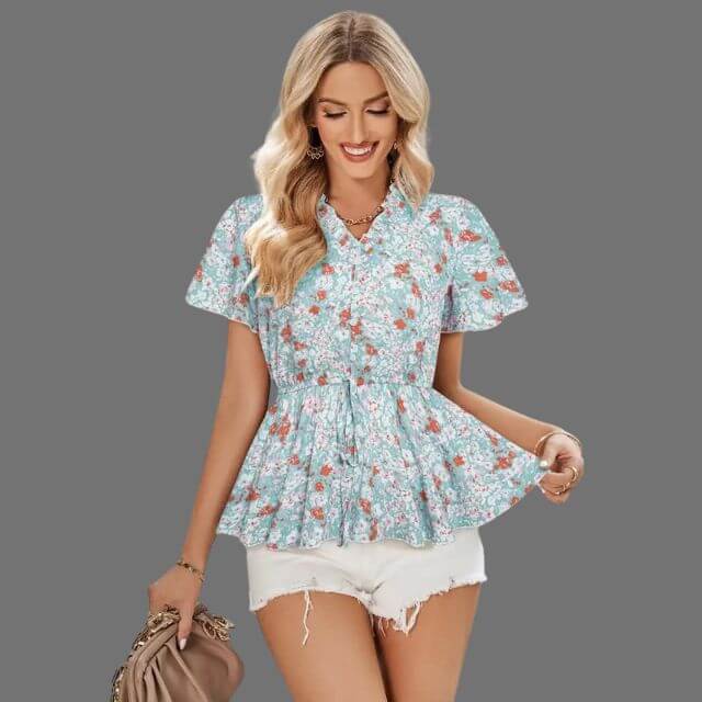 Eleanor - Floral peplum blouse with V-neckline-DESTINY