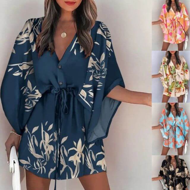 Giselle Boho Shirt Dress With V-Neck and Floral Print-DESTINY