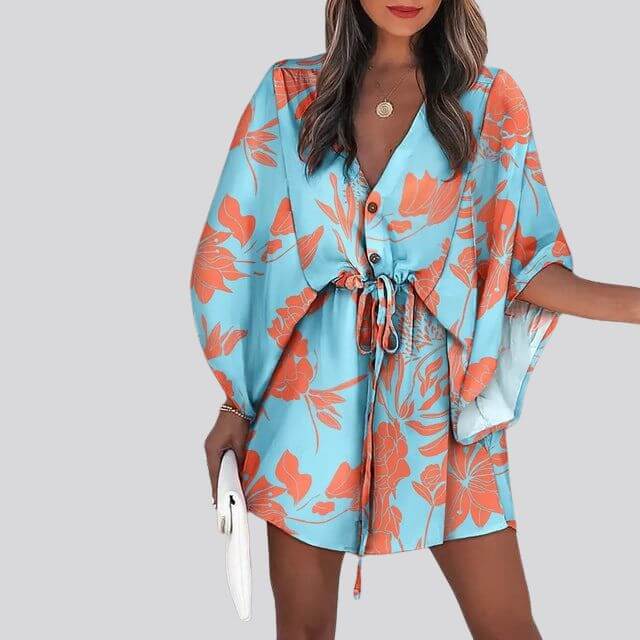 Giselle Boho Shirt Dress With V-Neck and Floral Print-DESTINY