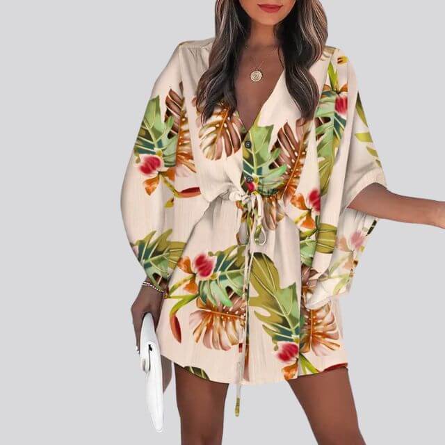 Giselle Boho Shirt Dress With V-Neck and Floral Print-DESTINY