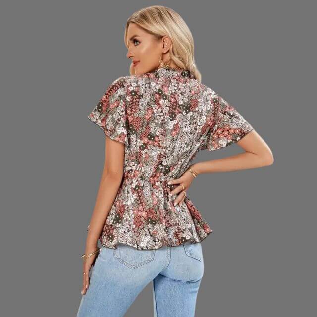Eleanor - Floral peplum blouse with V-neckline-DESTINY