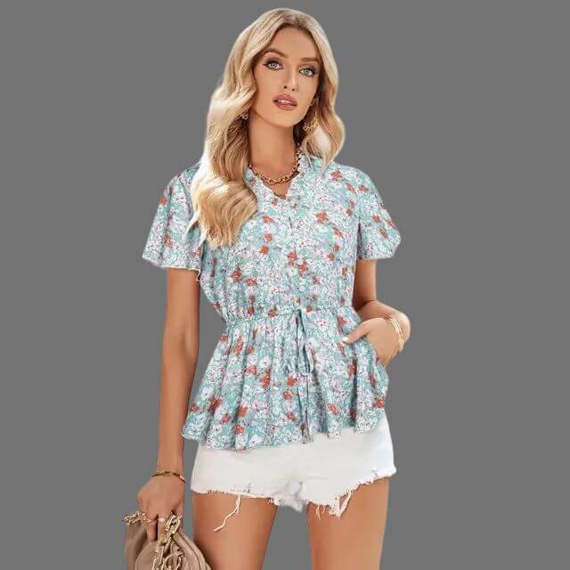 Eleanor - Floral peplum blouse with V-neckline-DESTINY