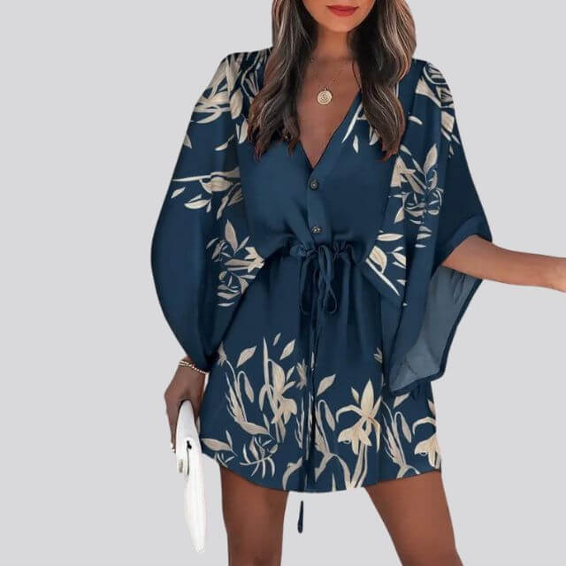 Giselle Boho Shirt Dress With V-Neck and Floral Print-DESTINY
