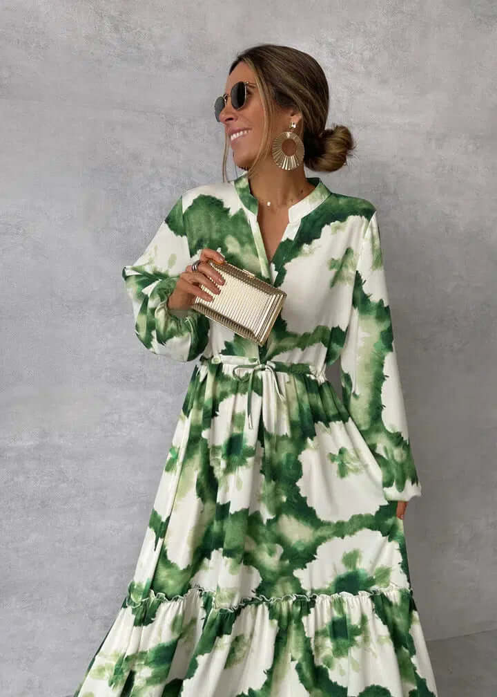 Charlotte – green, long-sleeved maxic dress with v-neckline-DESTINY