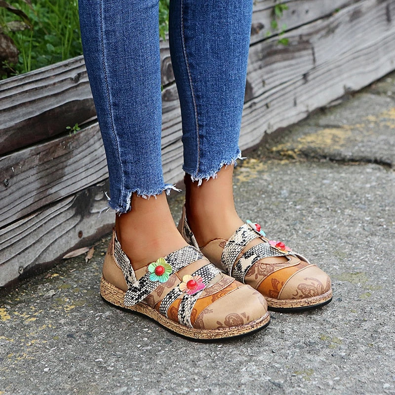 Vintage PU leather bohemian flat shoes-DESTINY