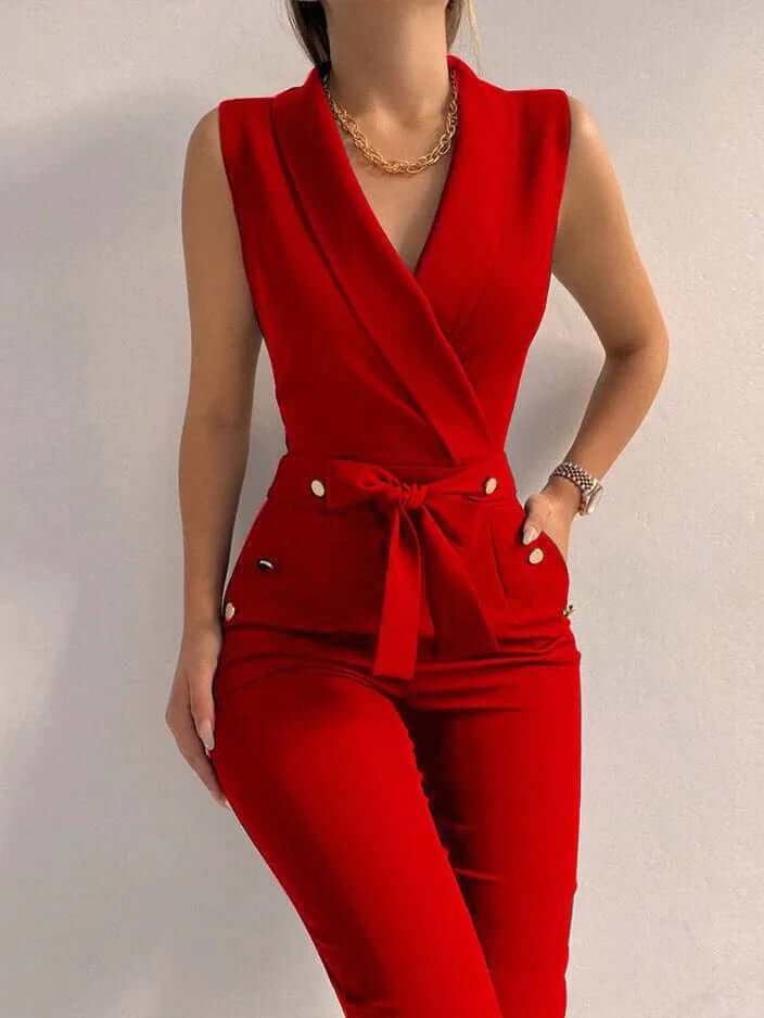Sleeveless jumpsuit in solid colour with V-neck and lacing-DESTINY