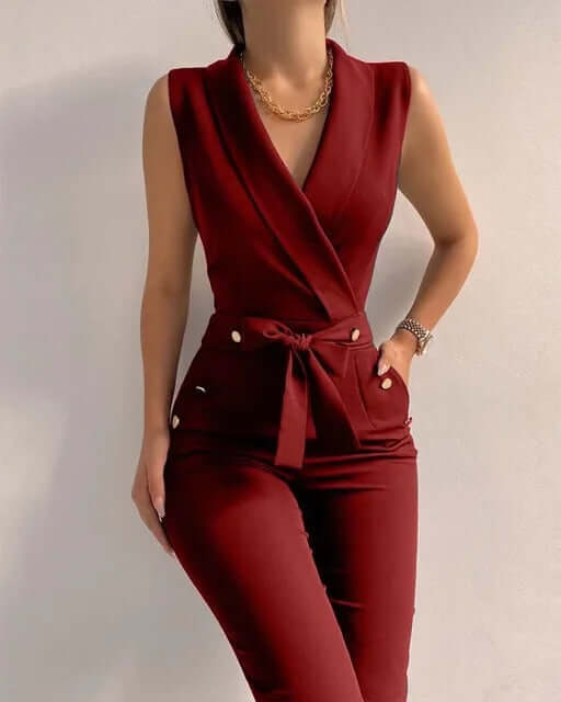 Sleeveless jumpsuit in solid colour with V-neck and lacing-DESTINY