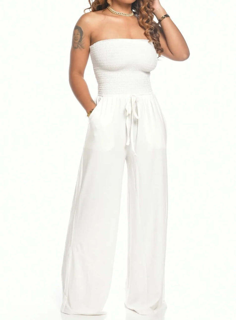 Off Shoulder Solid Color Smocked Jumpsuit-DESTINY