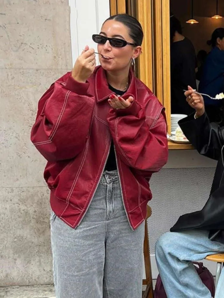 Ladies' leather-like riding coat with zip, long sleeves and turn-down collar-DESTINY