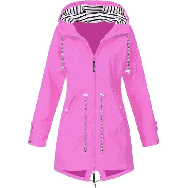 Women's waterproof hoodie trench coat with drawstring waist, zip and outer pockets-DESTINY