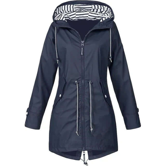 Women's waterproof hoodie trench coat with drawstring waist, zip and outer pockets-DESTINY