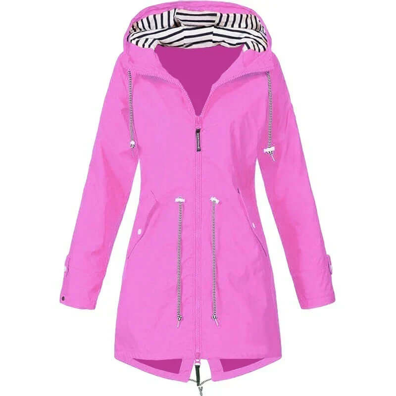 Women's waterproof hoodie trench coat with drawstring waist, zip and outer pockets-DESTINY
