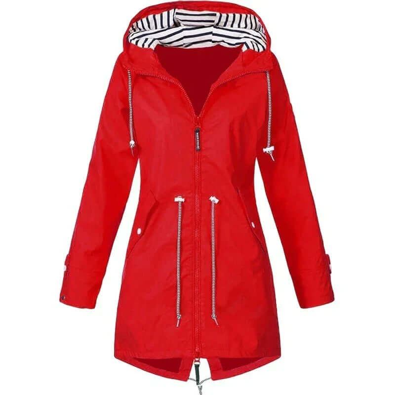 Women's waterproof hoodie trench coat with drawstring waist, zip and outer pockets-DESTINY