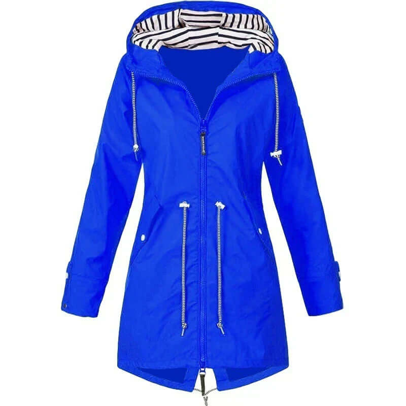 Women's waterproof hoodie trench coat with drawstring waist, zip and outer pockets-DESTINY