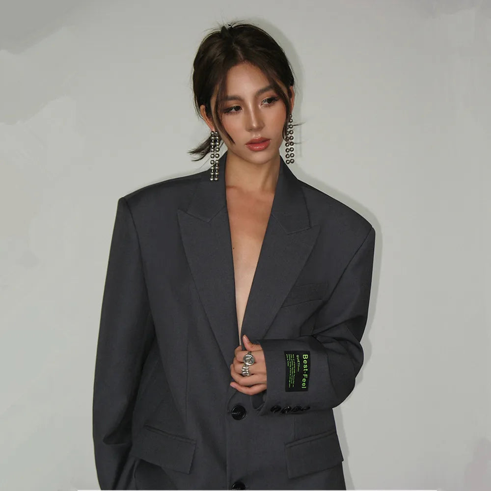 Ladies' loose-fitting classic blazer with wide shoulders-DESTINY